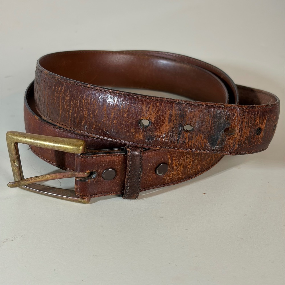 VTG Torino Aniline Kipskin Shoulders Brown Leather Belt Brass Buckle USA Made 36